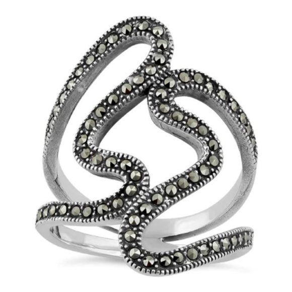 925 STERLING SILVER Modern Curvy Marcasite Statement Ring - Picture 16 of 16